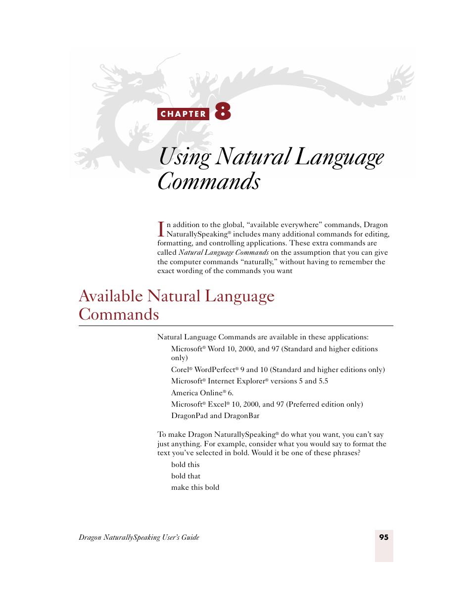 Using natural language commands, Available natural language commands, C h a p t e r 8 | E “using natural language commands” on | Sony ICD-BP150VTP User Manual | Page 103 / 268