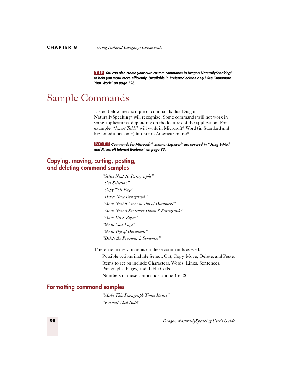 Sample commands, Formatting command samples, E 98 | Sony ICD-BP150VTP User Manual | Page 106 / 268