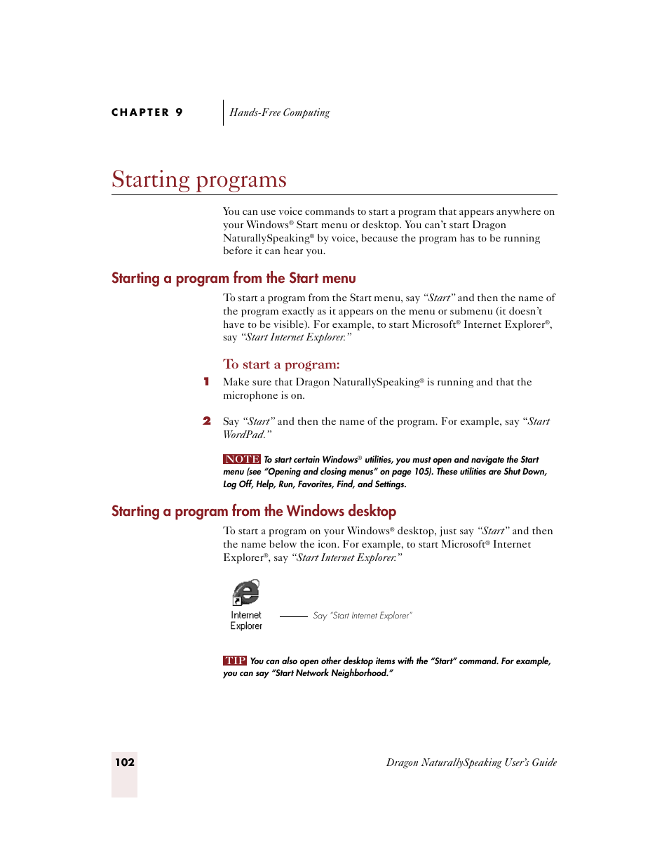 Starting programs, Starting a program from the start menu, Starting a program from the windows desktop | Sony ICD-BP150VTP User Manual | Page 110 / 268