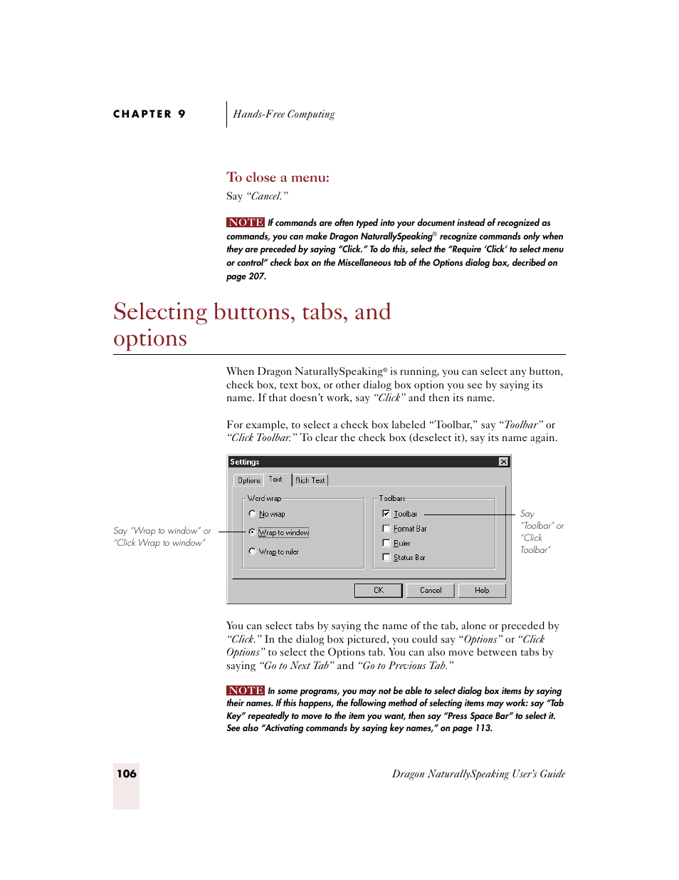 Selecting buttons, tabs, and options | Sony ICD-BP150VTP User Manual | Page 114 / 268