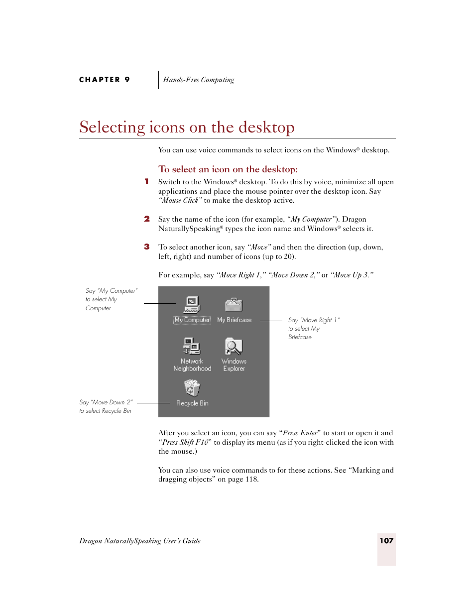 Selecting icons on the desktop | Sony ICD-BP150VTP User Manual | Page 115 / 268