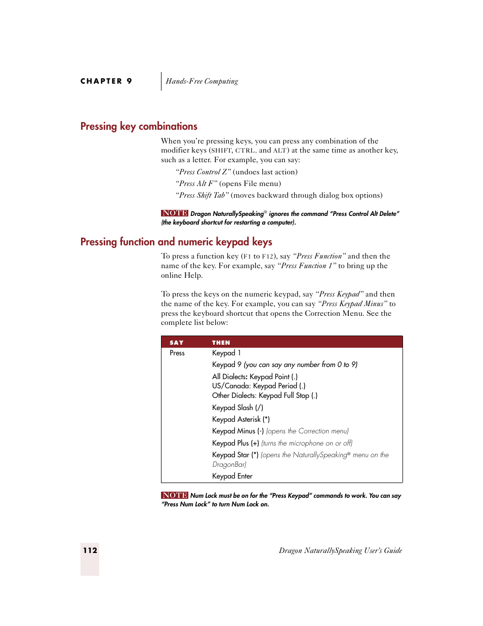 Pressing key combinations, Pressing function and numeric keypad keys | Sony ICD-BP150VTP User Manual | Page 120 / 268