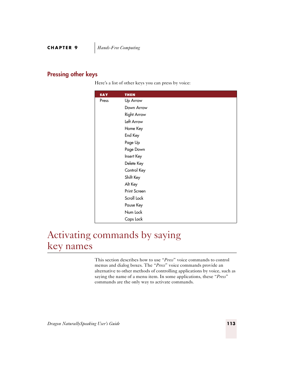 Pressing other keys, Activating commands by saying key names | Sony ICD-BP150VTP User Manual | Page 121 / 268