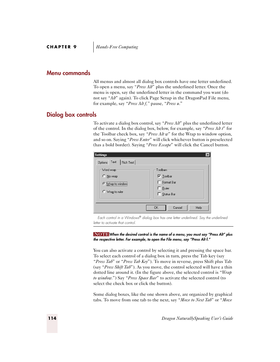 Menu commands, Dialog box controls | Sony ICD-BP150VTP User Manual | Page 122 / 268