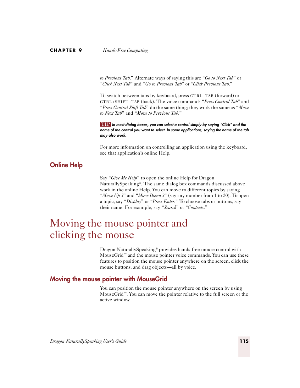 Online help, Moving the mouse pointer and clicking the mouse, Moving the mouse pointer with mousegrid | Sony ICD-BP150VTP User Manual | Page 123 / 268