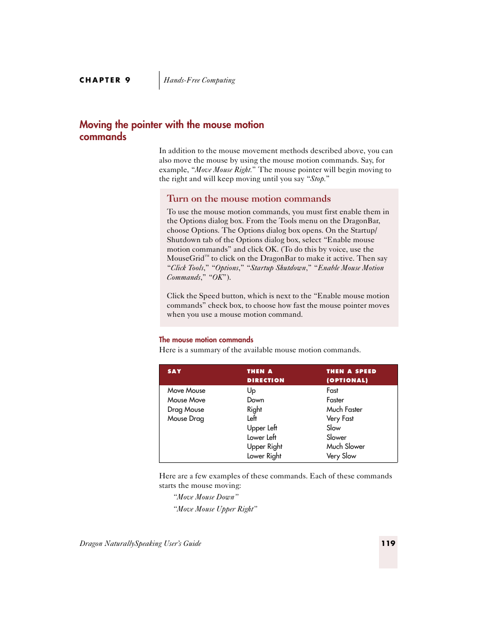 Moving the pointer with the mouse motion commands, Turn on the mouse motion commands | Sony ICD-BP150VTP User Manual | Page 127 / 268