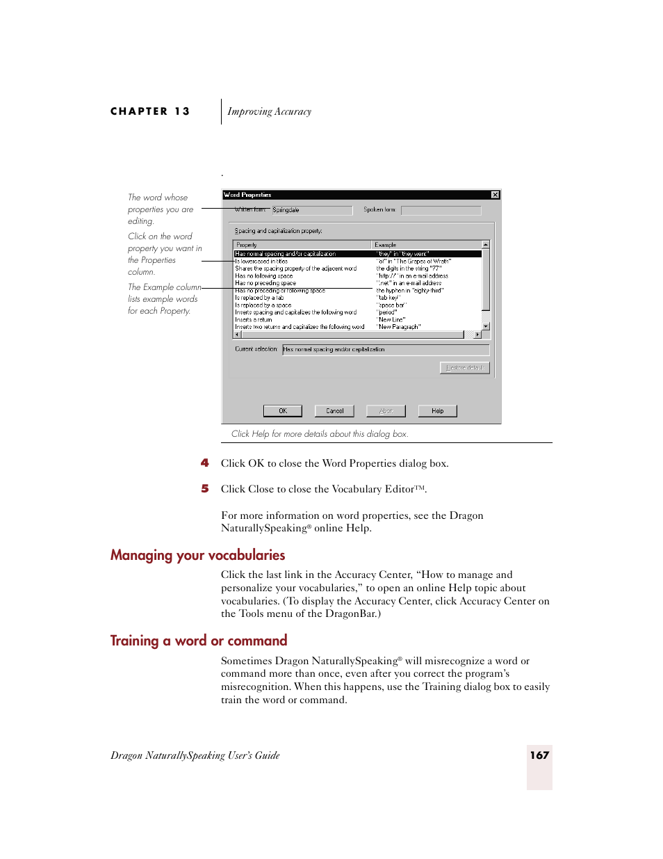 Managing your vocabularies, Training a word or command, Training a word or command” o | Sony ICD-BP150VTP User Manual | Page 175 / 268
