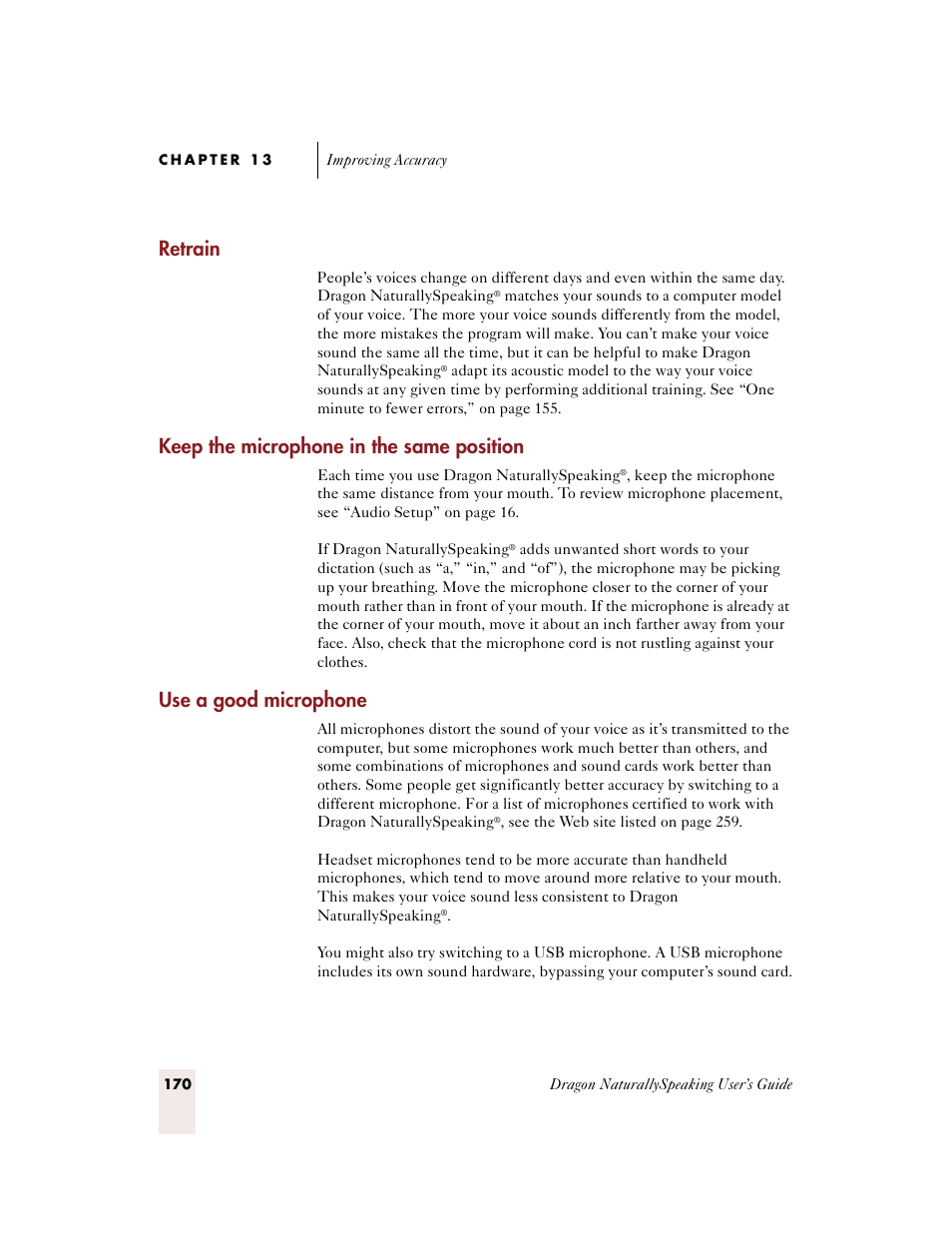 Retrain, Keep the microphone in the same position, Use a good microphone | Sony ICD-BP150VTP User Manual | Page 178 / 268