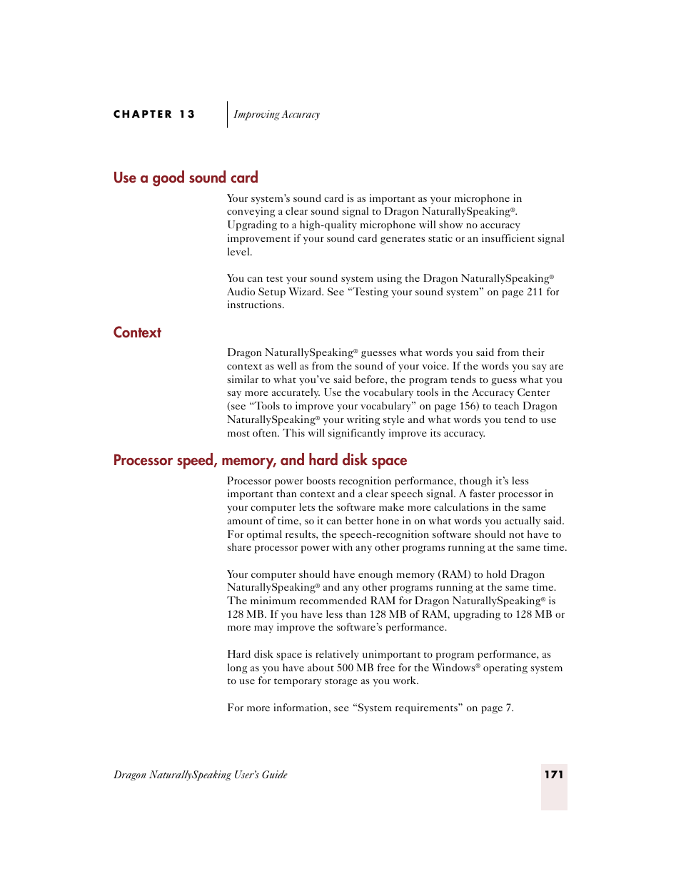 Use a good sound card, Context, Processor speed, memory, and hard disk space | Sony ICD-BP150VTP User Manual | Page 179 / 268