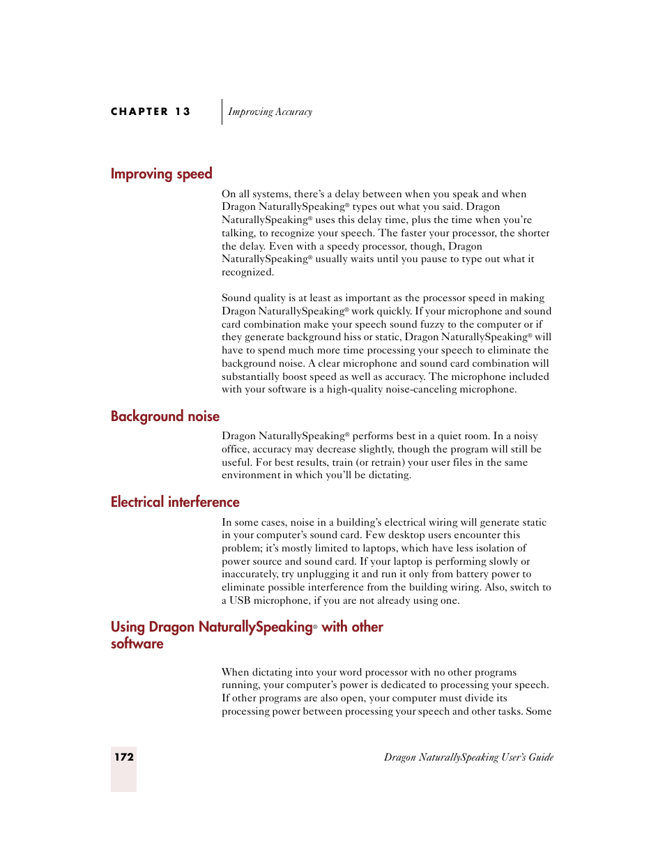 Improving speed, Background noise, Electrical interference | Using dragon naturallyspeaking, With other software | Sony ICD-BP150VTP User Manual | Page 180 / 268