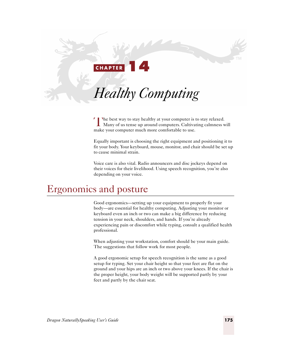 Healthy computing, Ergonomics and posture, C h a p t e r 1 4 | Sony ICD-BP150VTP User Manual | Page 183 / 268