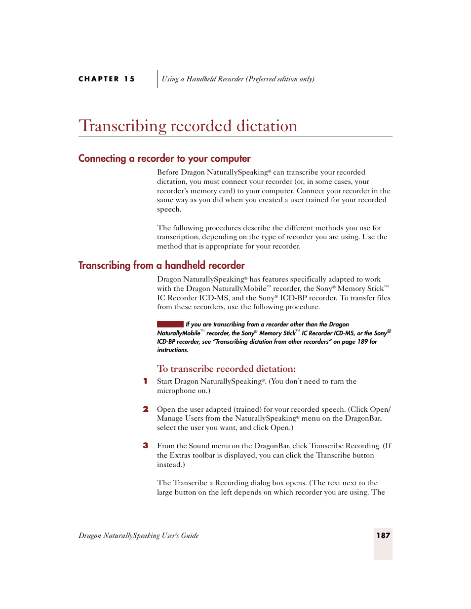 Transcribing recorded dictation, Connecting a recorder to your computer, Transcribing from a handheld recorder | Sony ICD-BP150VTP User Manual | Page 195 / 268