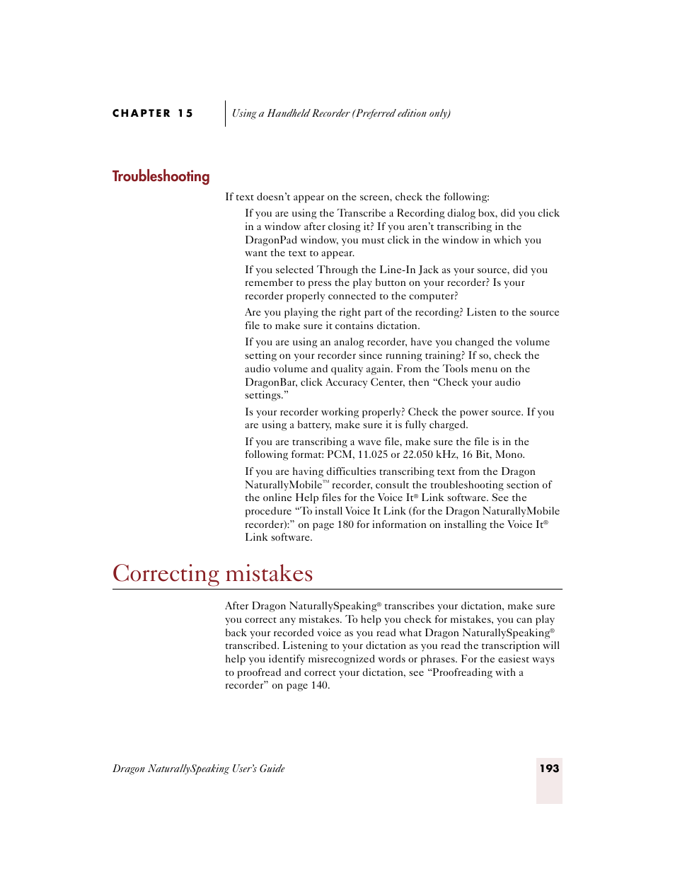 Troubleshooting, Correcting mistakes | Sony ICD-BP150VTP User Manual | Page 201 / 268