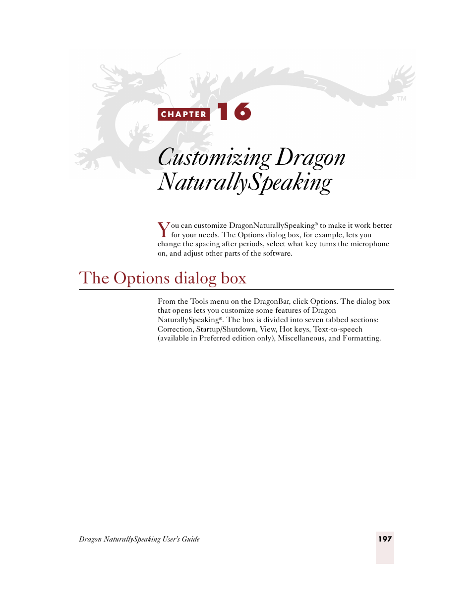 Customizing dragon naturallyspeaking, The options dialog box, C h a p t e r 1 6 | E 197 | Sony ICD-BP150VTP User Manual | Page 205 / 268