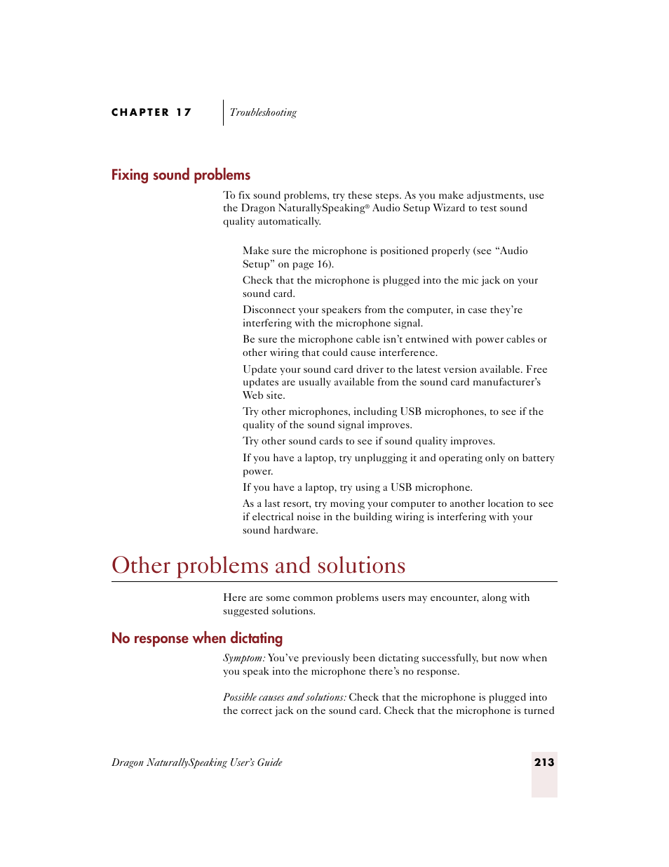 Fixing sound problems, Other problems and solutions, No response when dictating | Sony ICD-BP150VTP User Manual | Page 221 / 268