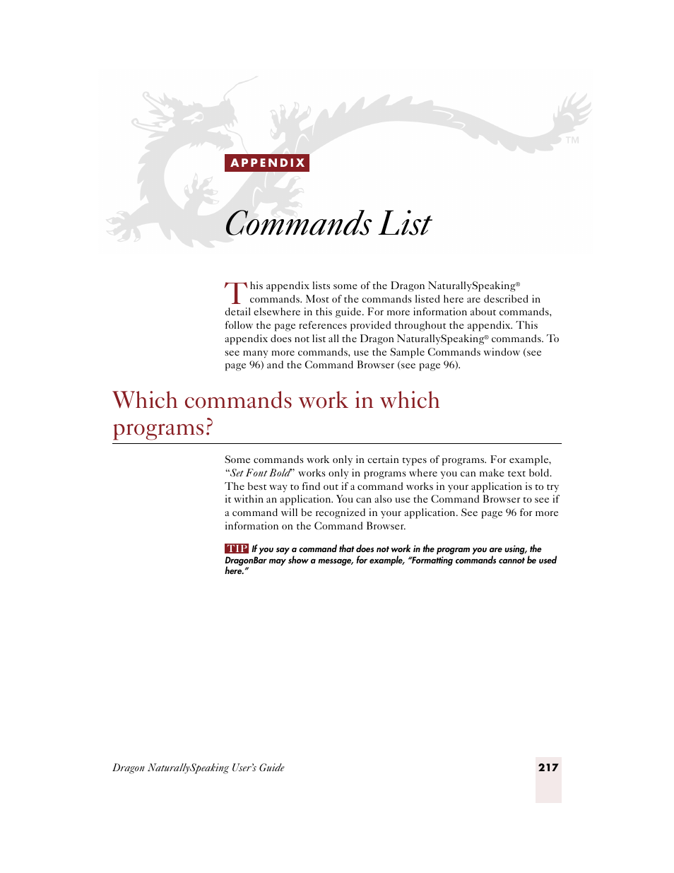 Commands list, Which commands work in which programs, Appendix | Sony ICD-BP150VTP User Manual | Page 225 / 268