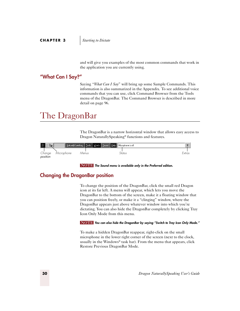 What can i say, The dragonbar, Changing the dragonbar position | Sony ICD-BP150VTP User Manual | Page 38 / 268