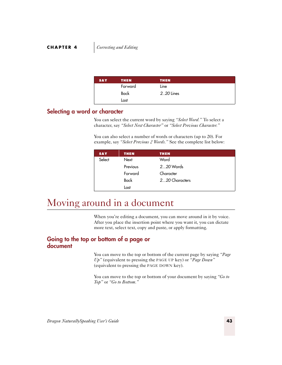 Selecting a word or character, Moving around in a document, Going to the top or bottom of a page or document | Sony ICD-BP150VTP User Manual | Page 51 / 268