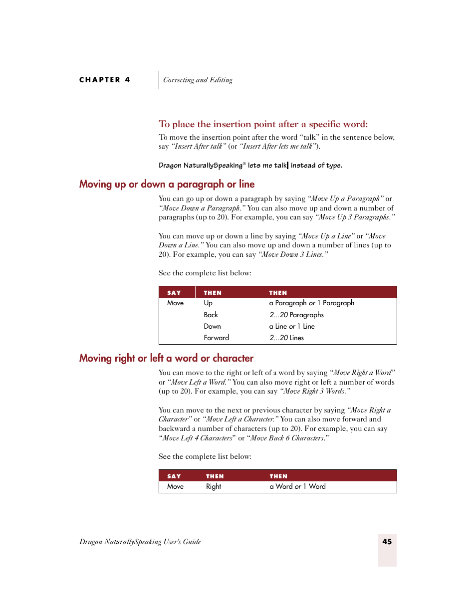 Moving up or down a paragraph or line, Moving right or left a word or character | Sony ICD-BP150VTP User Manual | Page 53 / 268
