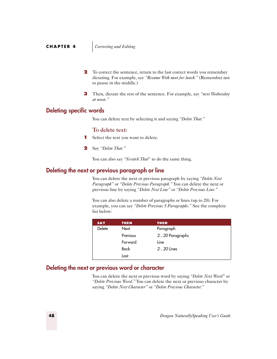 Deleting specific words, Deleting the next or previous paragraph or line, Deleting the next or previous word or character | Sony ICD-BP150VTP User Manual | Page 56 / 268