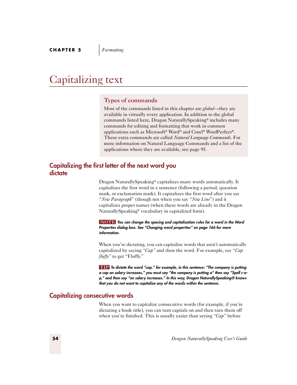 Capitalizing text, Capitalizing consecutive words, Types of commands | Sony ICD-BP150VTP User Manual | Page 62 / 268