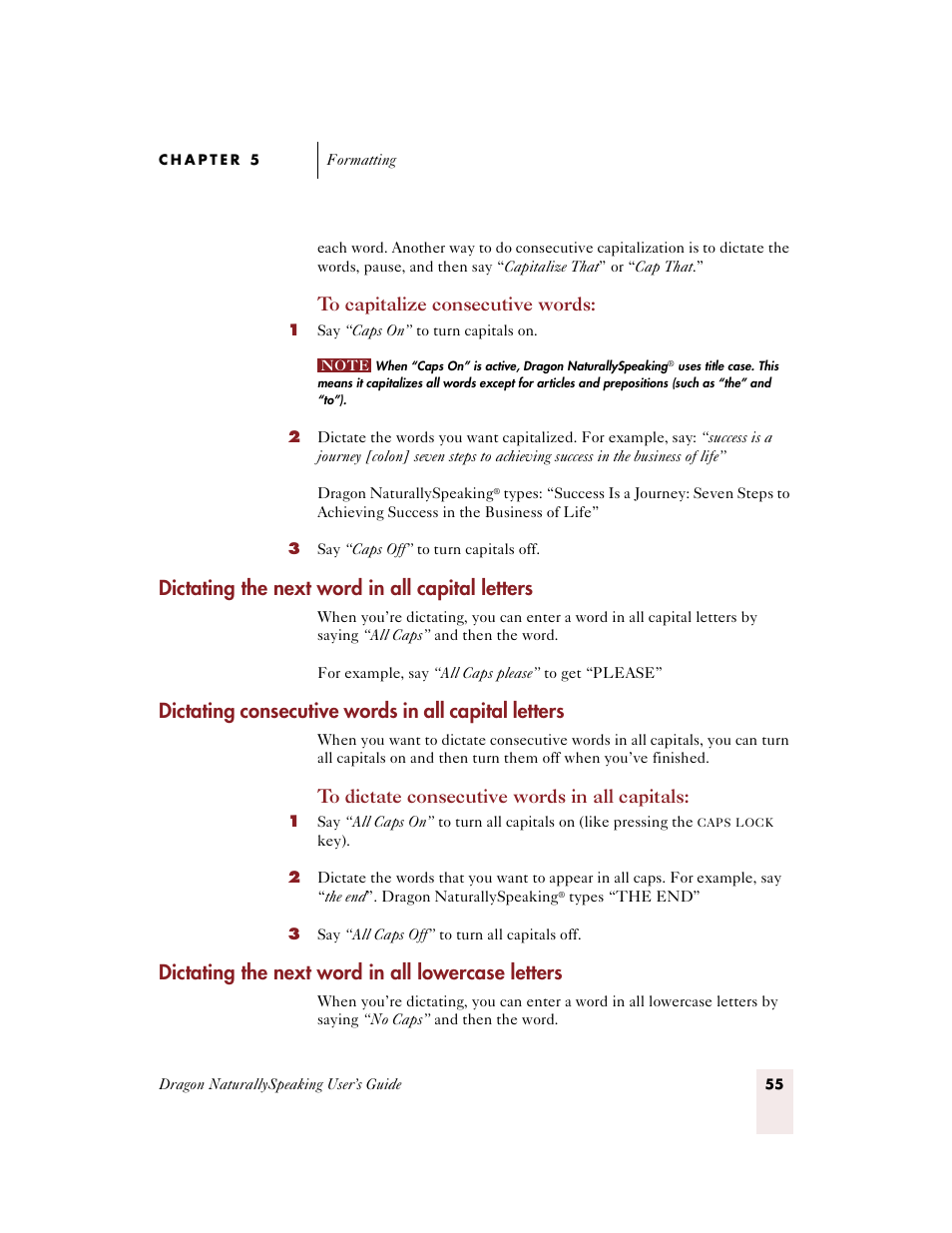 Dictating the next word in all capital letters, Dictating consecutive words in all capital letters, Dictating the next word in all lowercase letters | Sony ICD-BP150VTP User Manual | Page 63 / 268