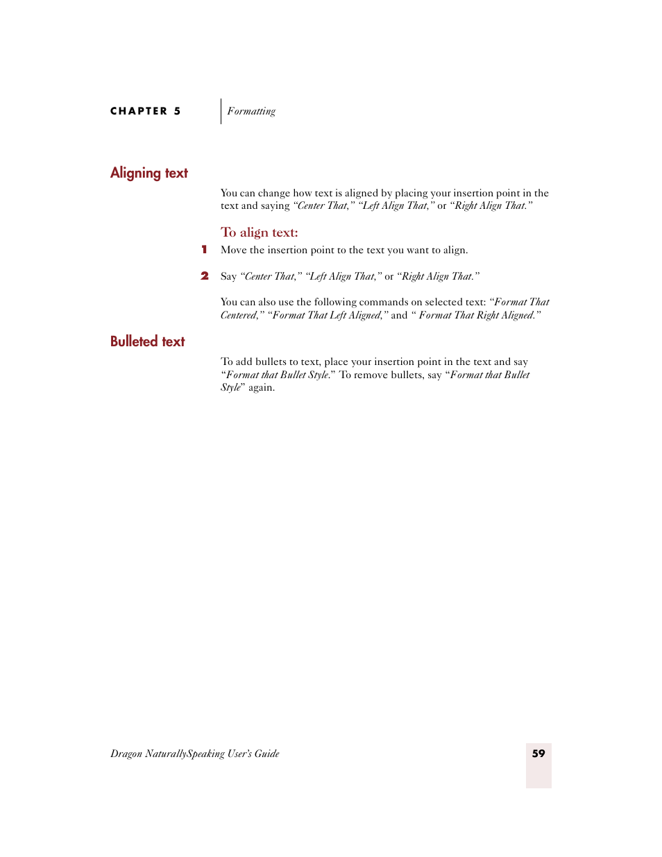 Aligning text, Bulleted text | Sony ICD-BP150VTP User Manual | Page 67 / 268