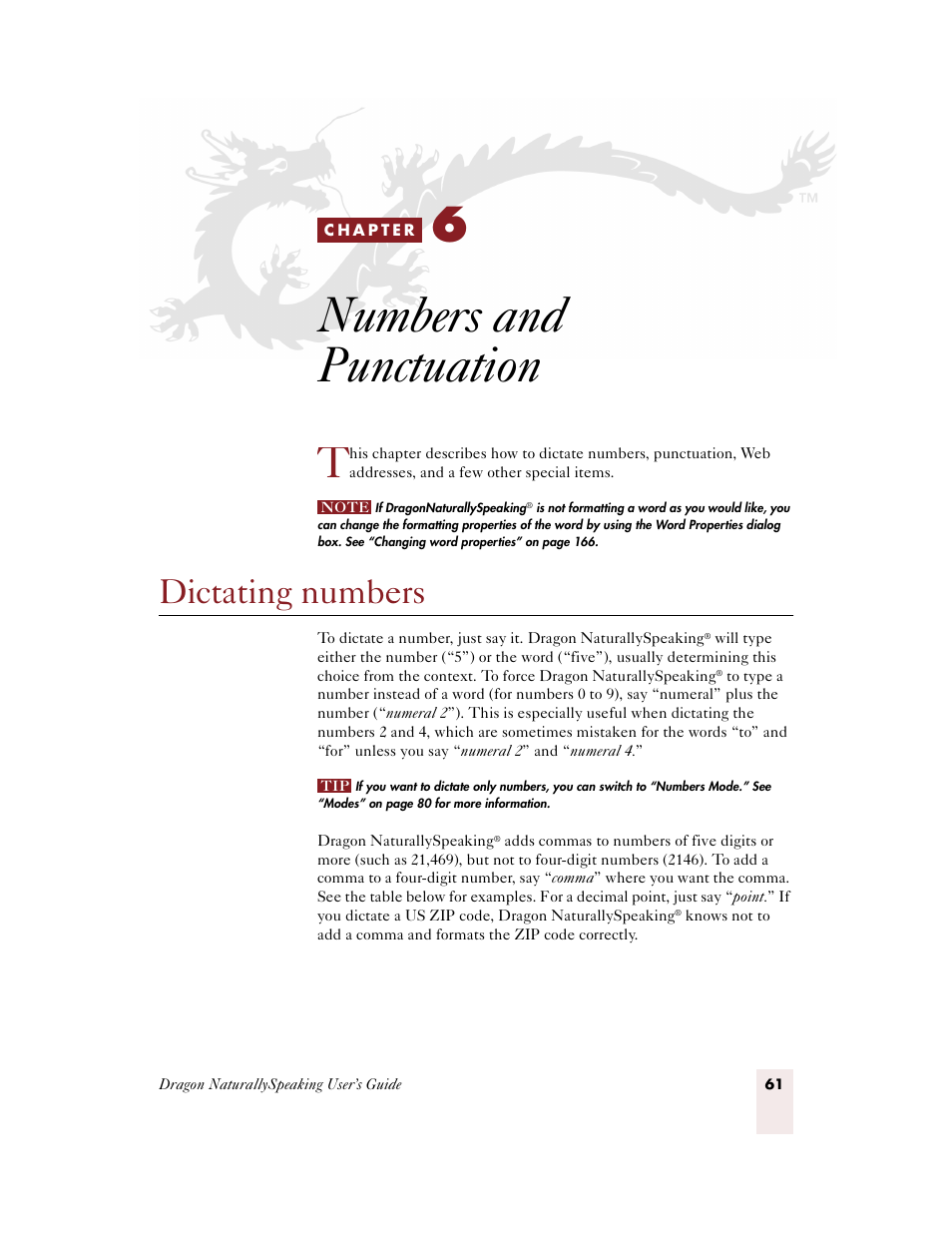 Numbers and punctuation, Dictating numbers, C h a p t e r 6 | Sony ICD-BP150VTP User Manual | Page 69 / 268