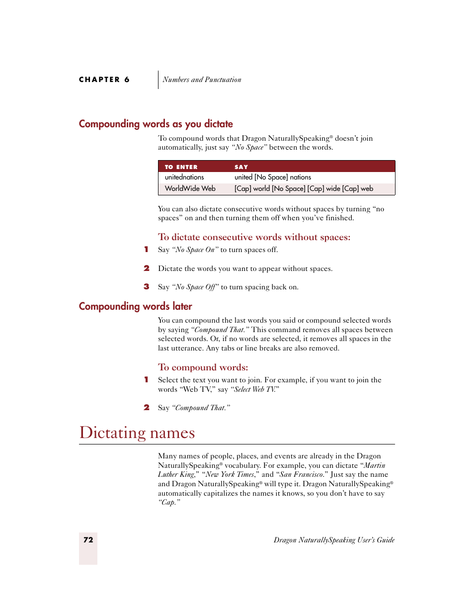 Compounding words as you dictate, Compounding words later, Dictating names | Sony ICD-BP150VTP User Manual | Page 80 / 268