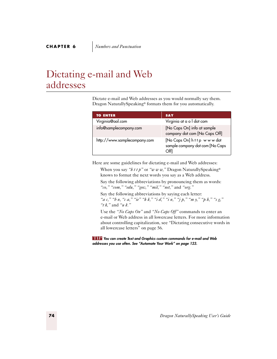 Dictating email and web addresses, Dictating e-mail and web addresses | Sony ICD-BP150VTP User Manual | Page 82 / 268