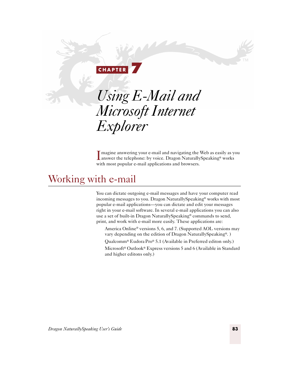 Using e-mail and microsoft internet explorer, Working with e-mail, C h a p t e r 7 | Sony ICD-BP150VTP User Manual | Page 91 / 268