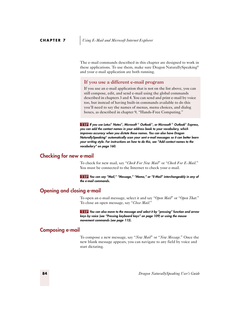 Checking for new e-mail, Opening and closing e-mail, Composing e-mail | If you use a different e-mail program | Sony ICD-BP150VTP User Manual | Page 92 / 268