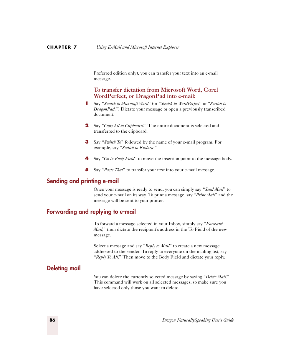 Sending and printing e-mail, Forwarding and replying to e-mail, Deleting mail | Sony ICD-BP150VTP User Manual | Page 94 / 268