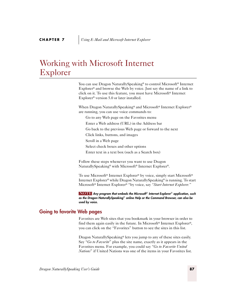 Working with microsoft internet explorer, Going to favorite web pages | Sony ICD-BP150VTP User Manual | Page 95 / 268