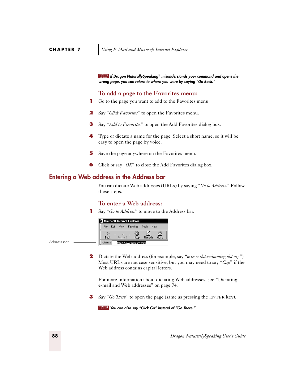 Entering a web address in the address bar | Sony ICD-BP150VTP User Manual | Page 96 / 268