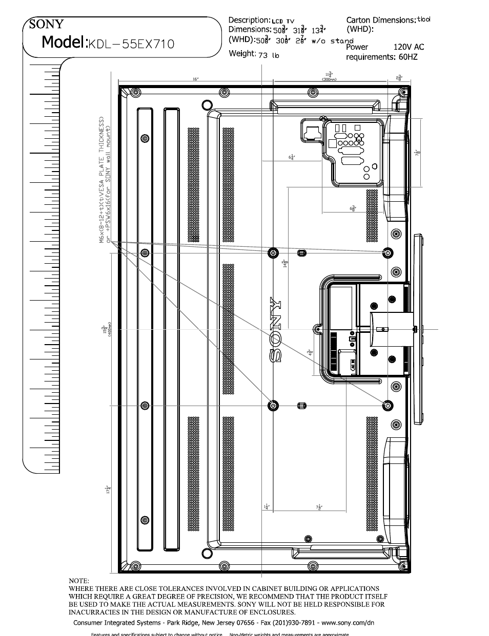 Y weight, Model | Sony KDL-55EX710 User Manual | Page 2 / 5
