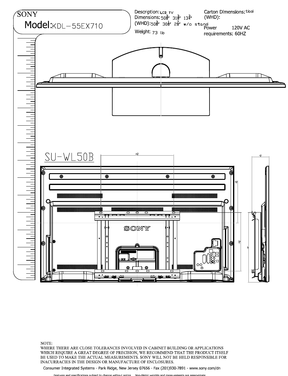 Description: lcd tv, Y power 120v ac, Weight: 73 ib | Model, E su-wl50b | Sony KDL-55EX710 User Manual | Page 5 / 5