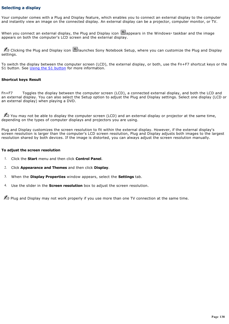 Selecting a display, Selecting a, Display | Sony VGN-A160 User Manual | Page 138 / 315