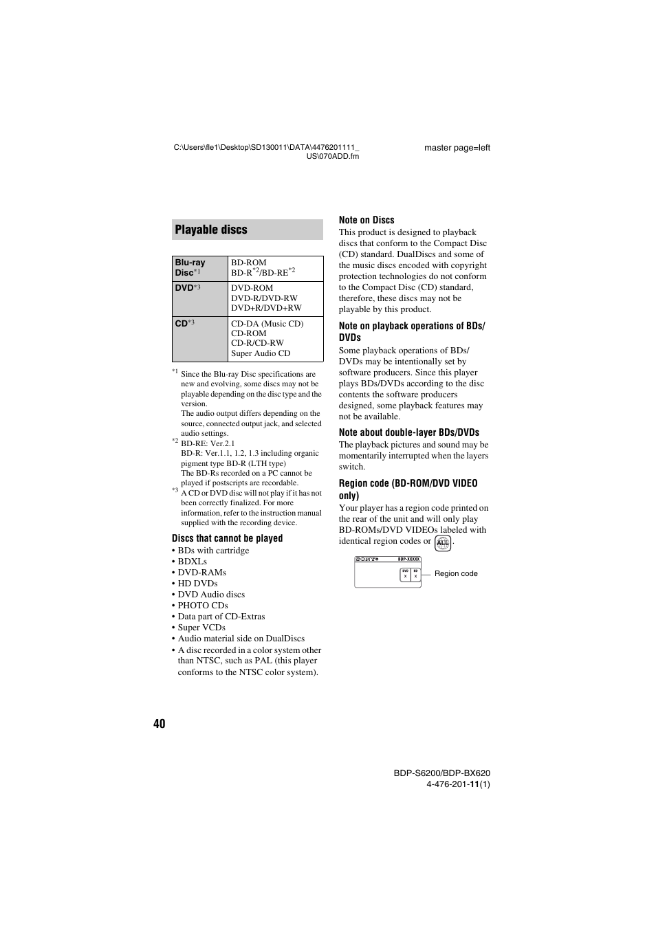 Playable discs | Sony BDP-BX620 User Manual | Page 40 / 48