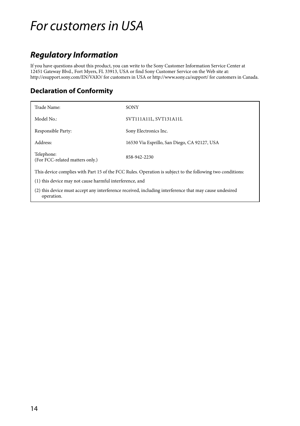 For customers in usa, Regulatory information, Declaration of conformity | Sony SVT1311EFYS User Manual | Page 14 / 32