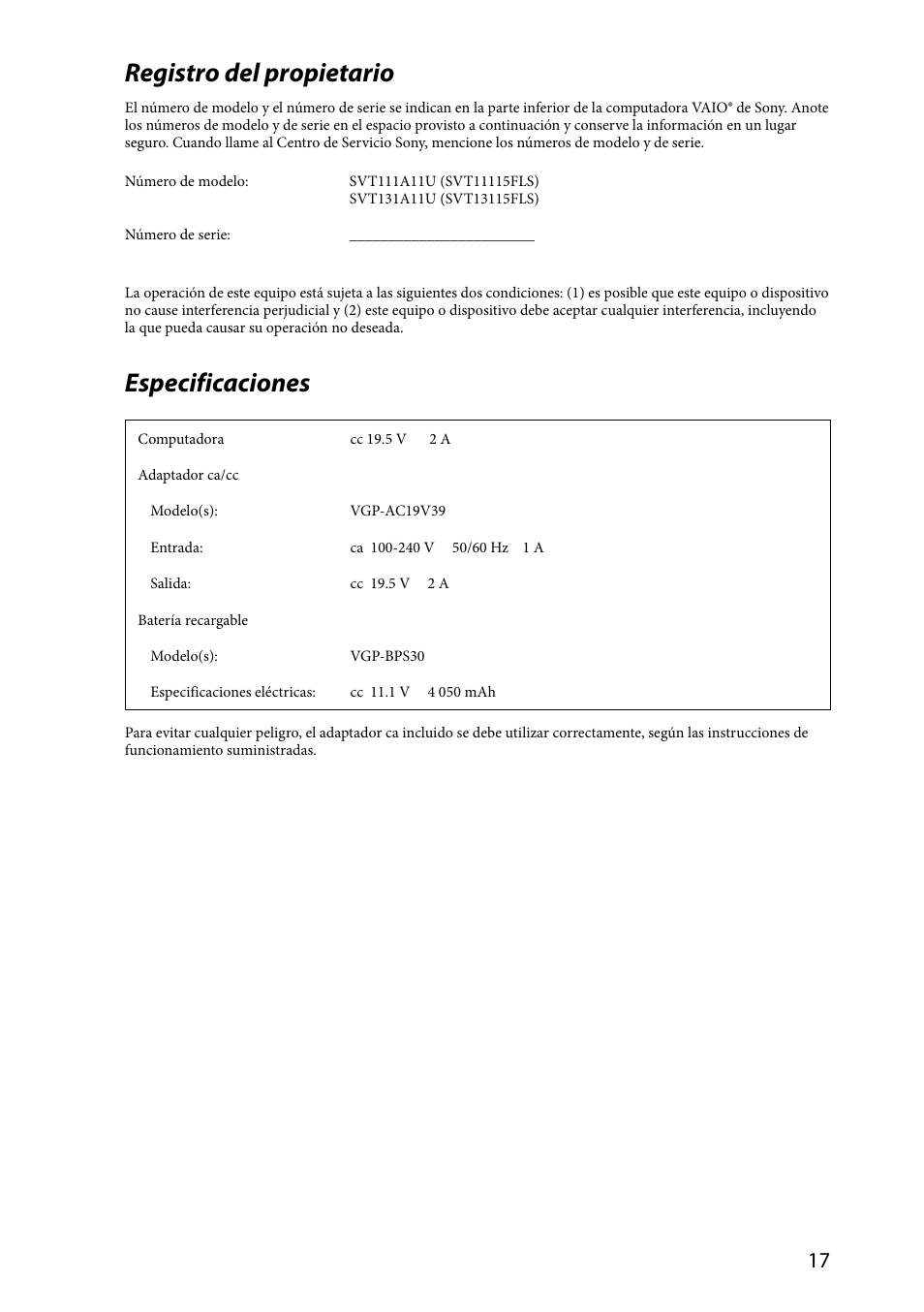 Registro del propietario, Especificaciones | Sony SVT1311EFYS User Manual | Page 17 / 32