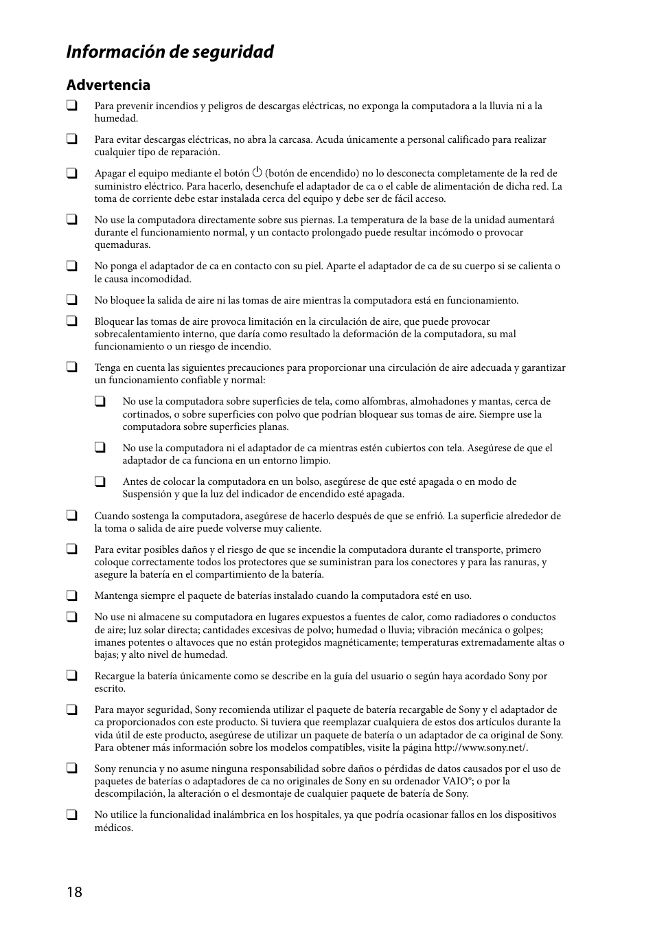 Información de seguridad, Advertencia | Sony SVT1311EFYS User Manual | Page 18 / 32