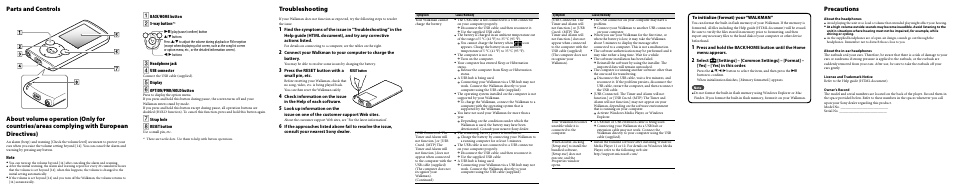 Precautions, Troubleshooting | Sony NWZ-E383BLK User Manual | Page 2 / 2