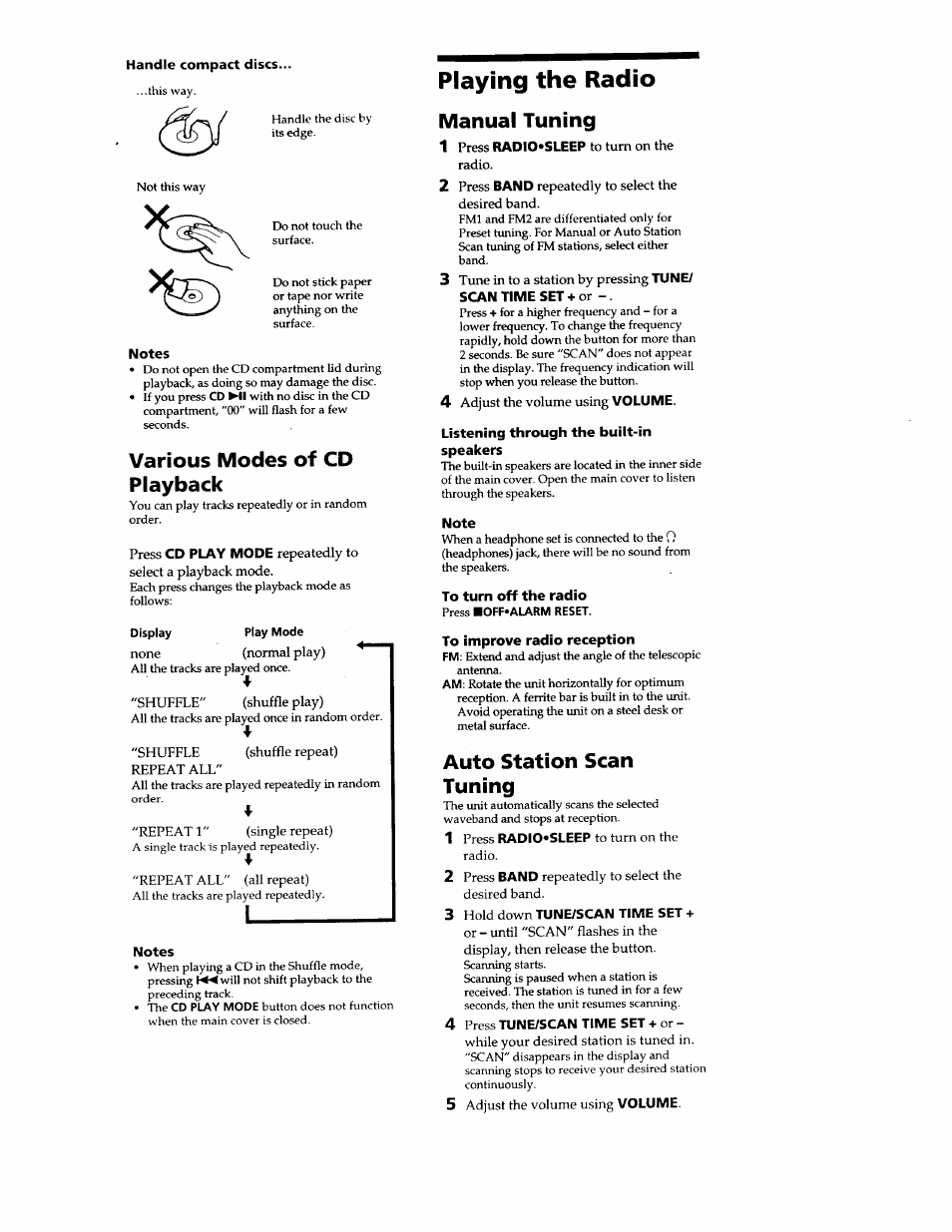 Playing the radio, Various modes of cd playback, Manual tuning | Auto station scan tuning | Sony ICF-CD2000 User Manual | Page 11 / 14