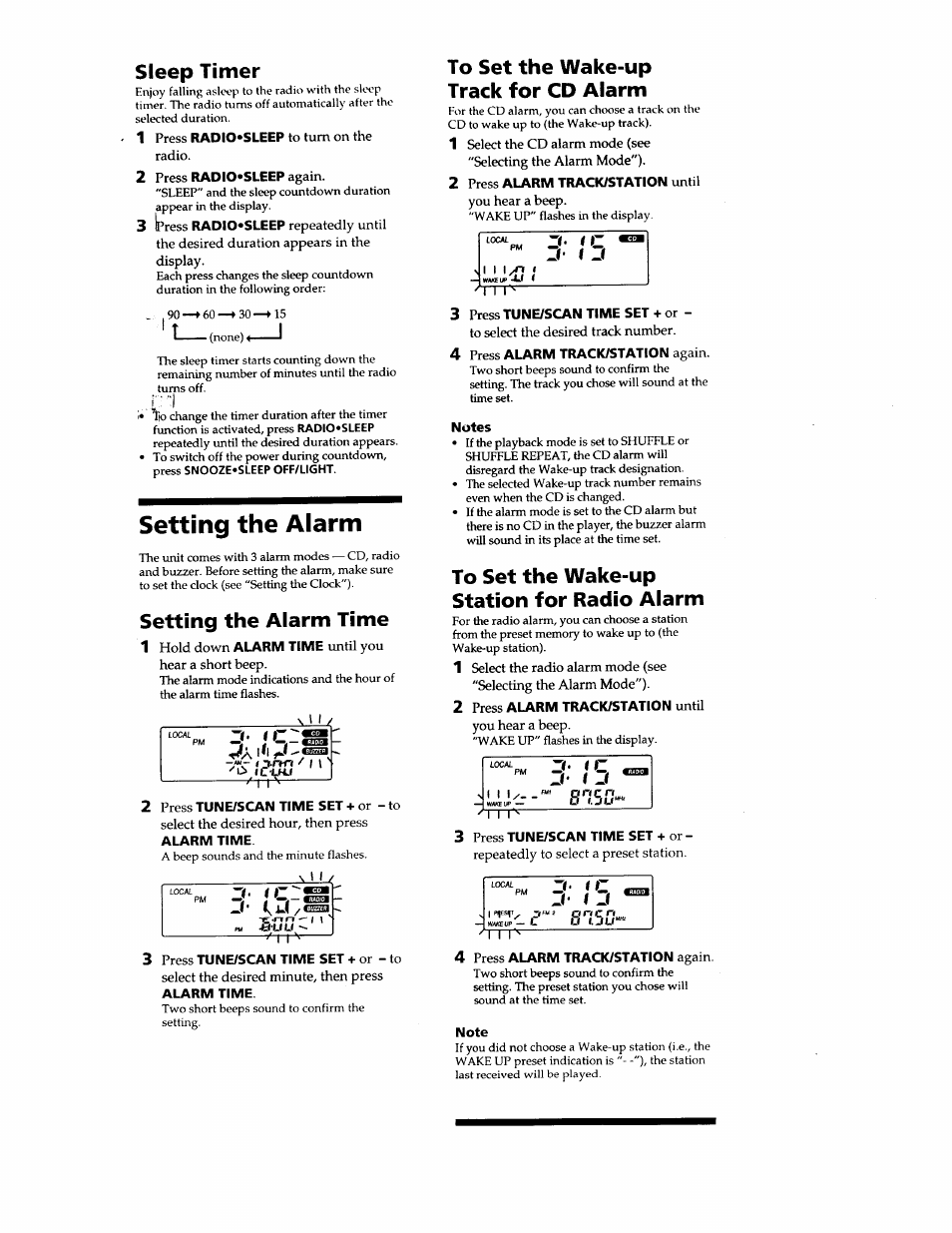 Setting the alarm, Sleep timer, Setting the alarm time | Sony ICF-CD2000 User Manual | Page 13 / 14