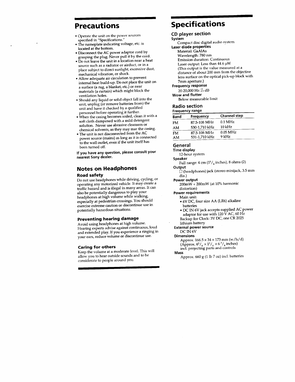 Precautions, Specifications | Sony ICF-CD2000 User Manual | Page 4 / 14