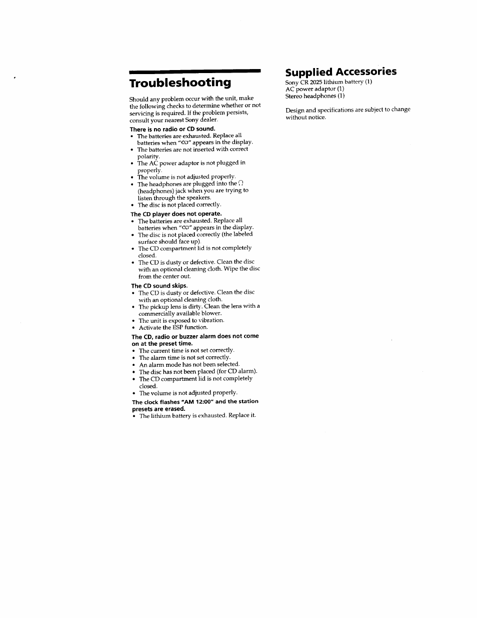 Troubleshooting, Supplied accessories | Sony ICF-CD2000 User Manual | Page 5 / 14