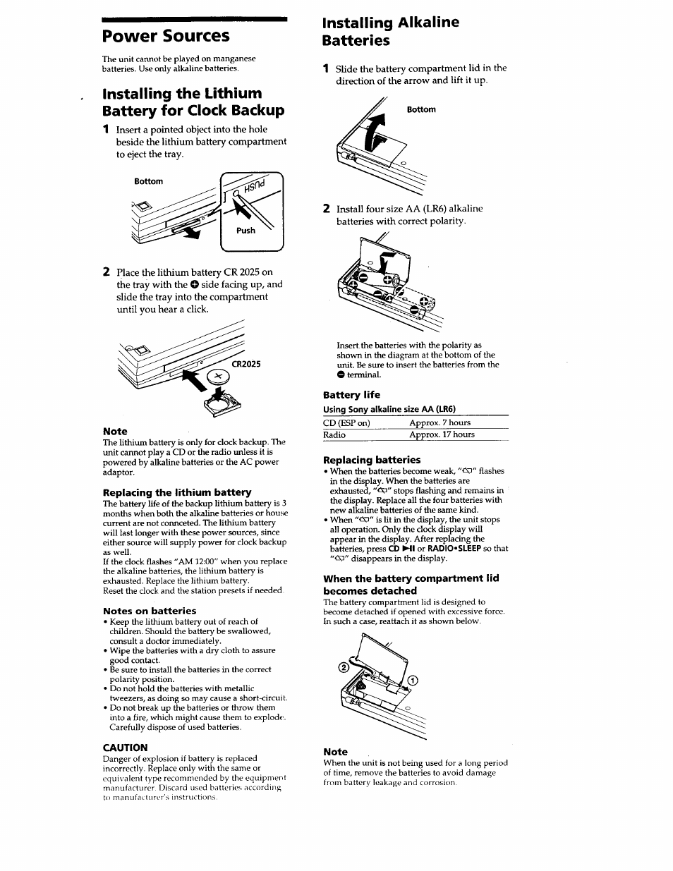 Power sources, Installing the lithium battery for clock backup, Installing alkaline batteries | Sony ICF-CD2000 User Manual | Page 6 / 14