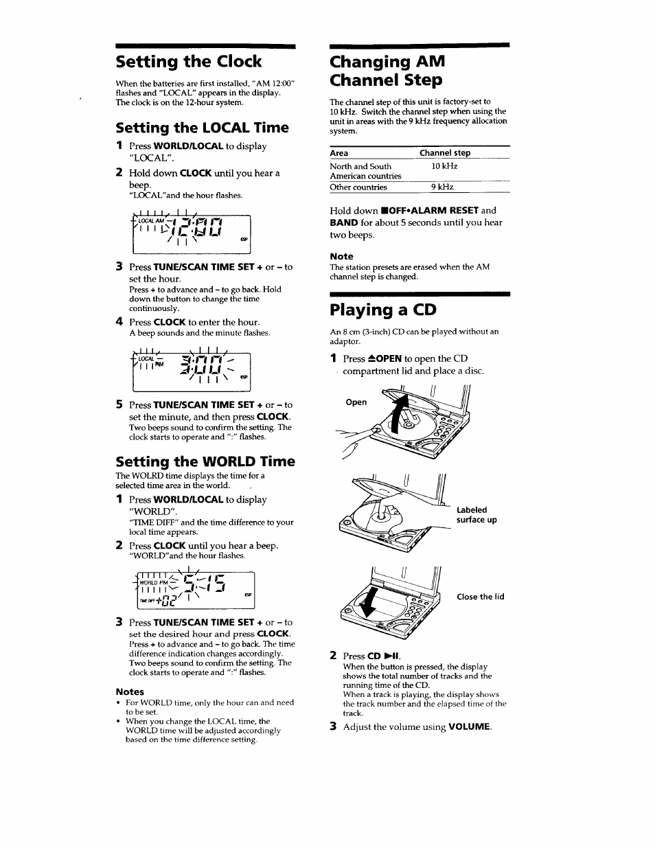 Setting the clock, Changing am channel step, Playing a cd | Setting the local time, Setting the world time | Sony ICF-CD2000 User Manual | Page 9 / 14