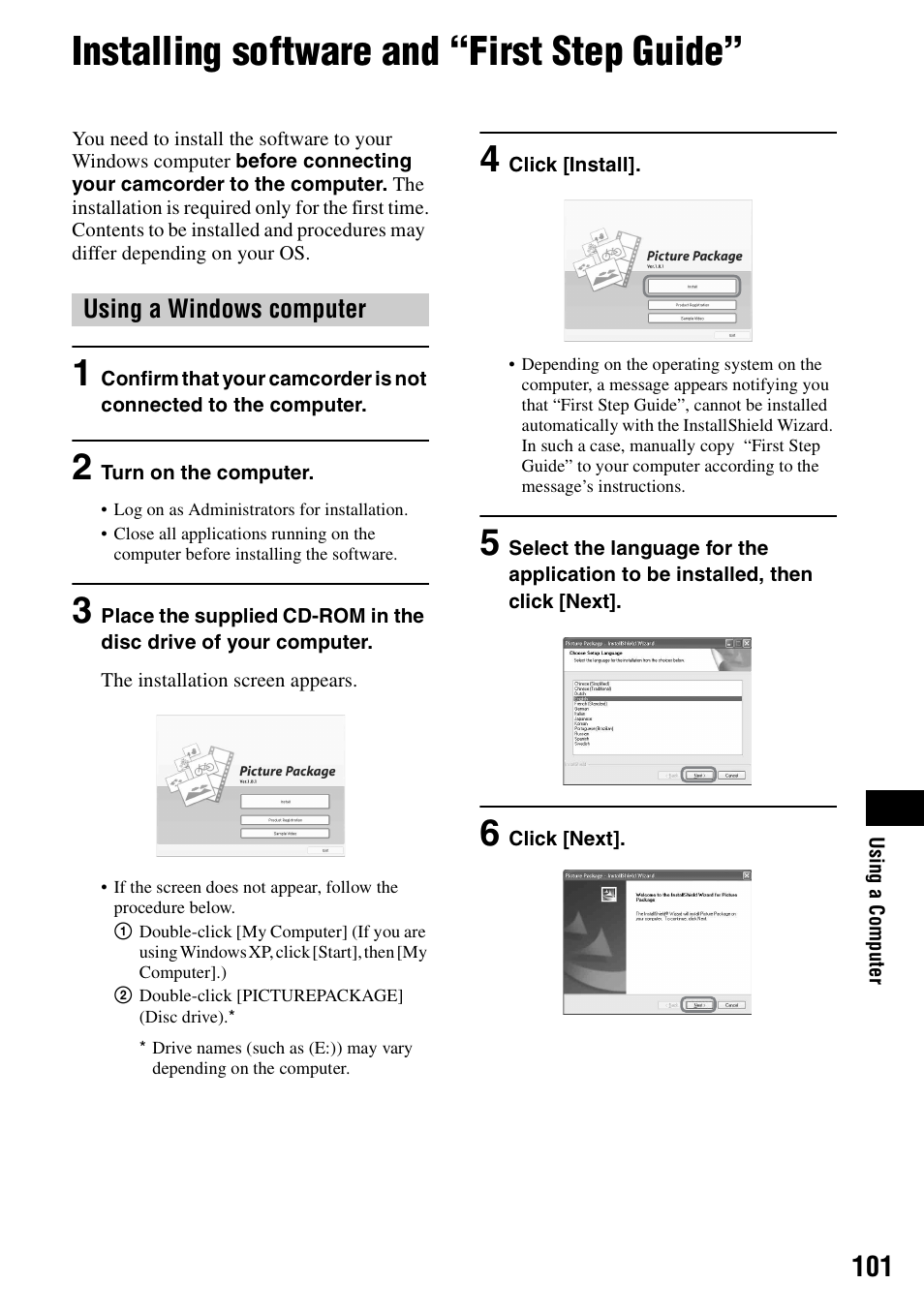 Installing software and “first step guide | Sony DCR-DVD405 User Manual | Page 101 / 148